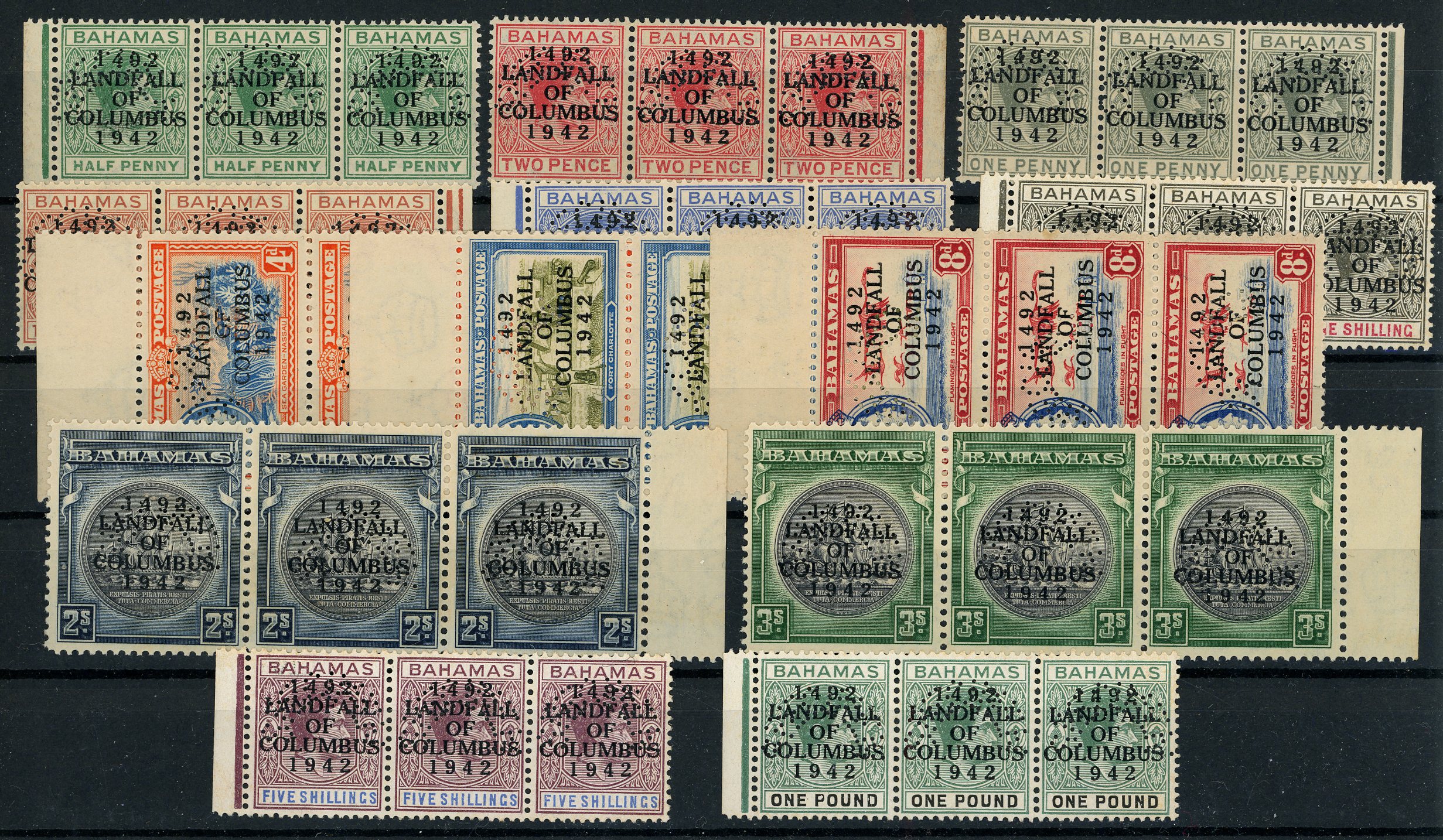 Bahamas SG 162s-166s, 169s-175s strips of Specimens