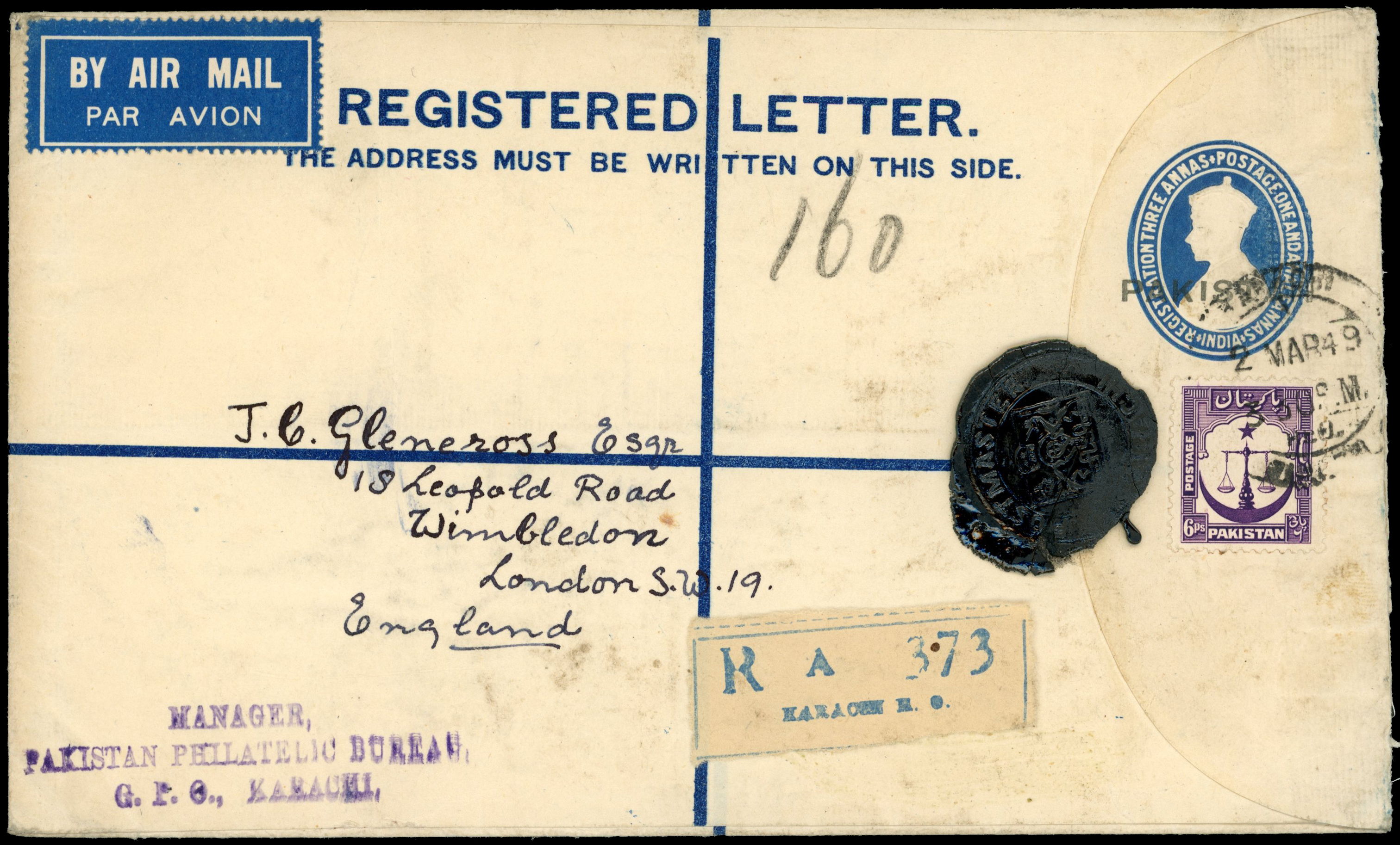 POSTAL HISTORY: 1949 KGVI 3a blue...