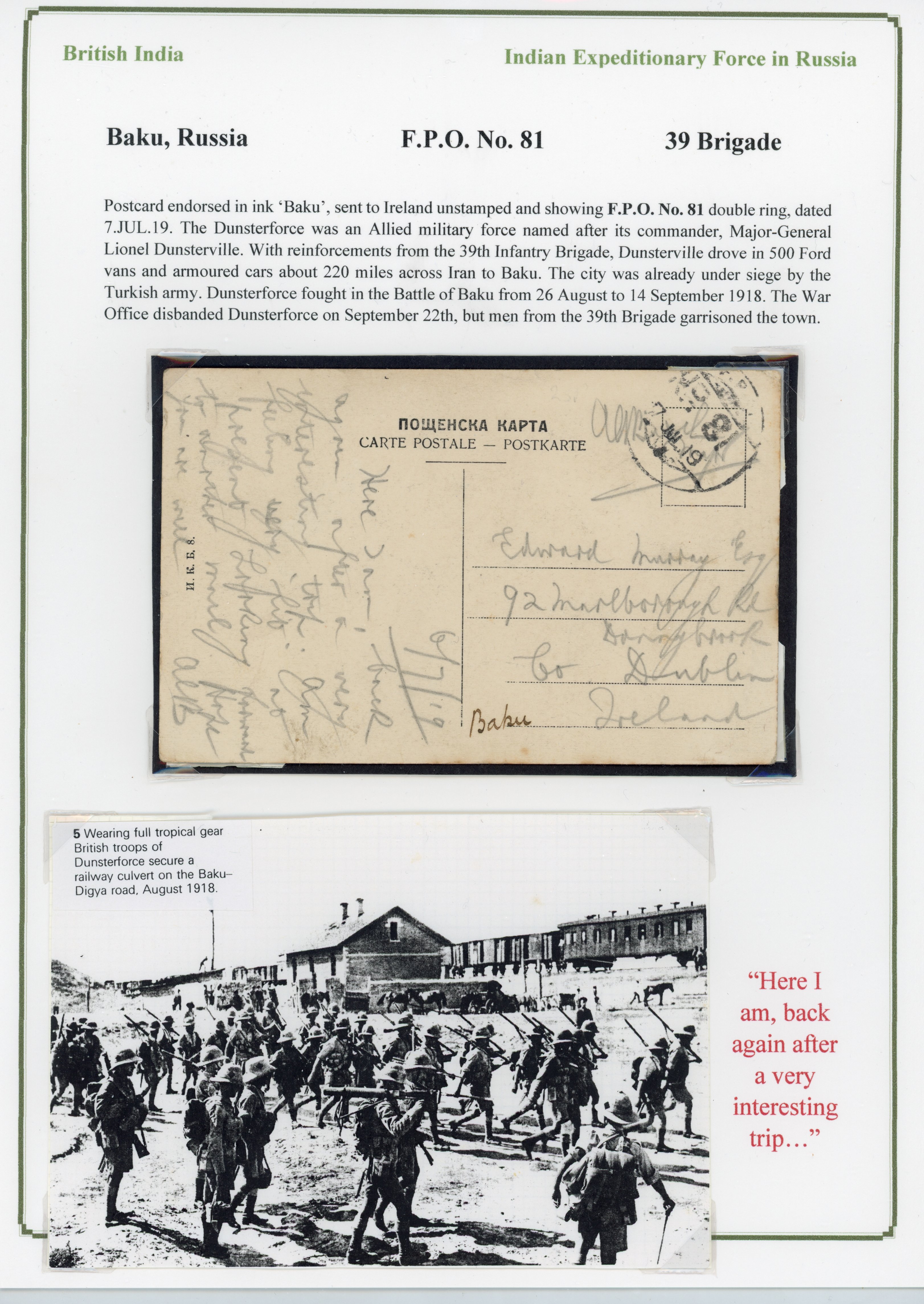 India Expeditionary Force in Baku Russia FPO 81 card