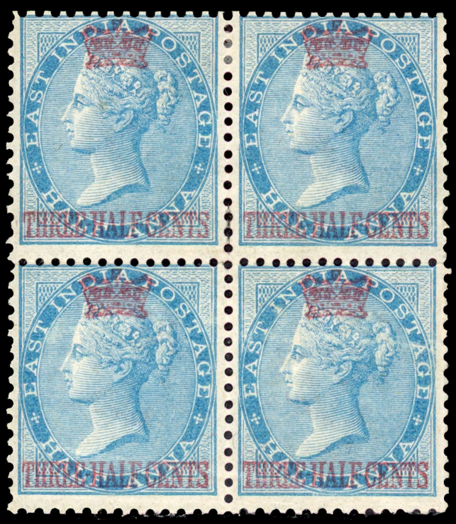Straits Settlements SG 1 1867 1½c on ½a blue block of 4
