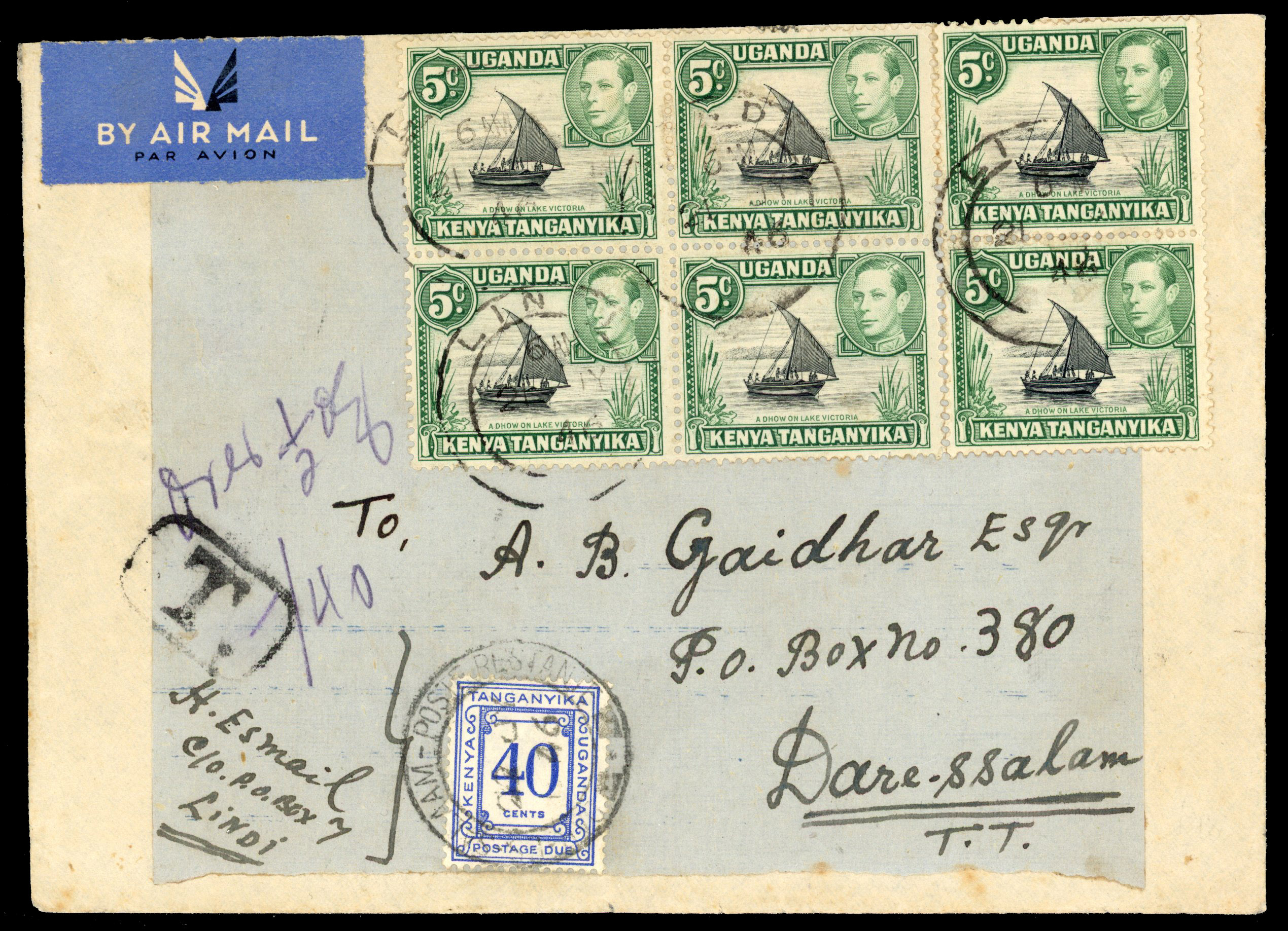 KUT SG D11 1946 envelope with 40c Postage Due