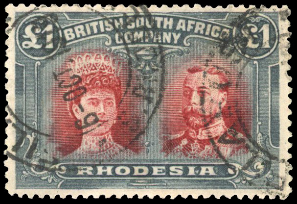Rhodesia 1910-13 £1 lake-brown and slate-black perf 14 used