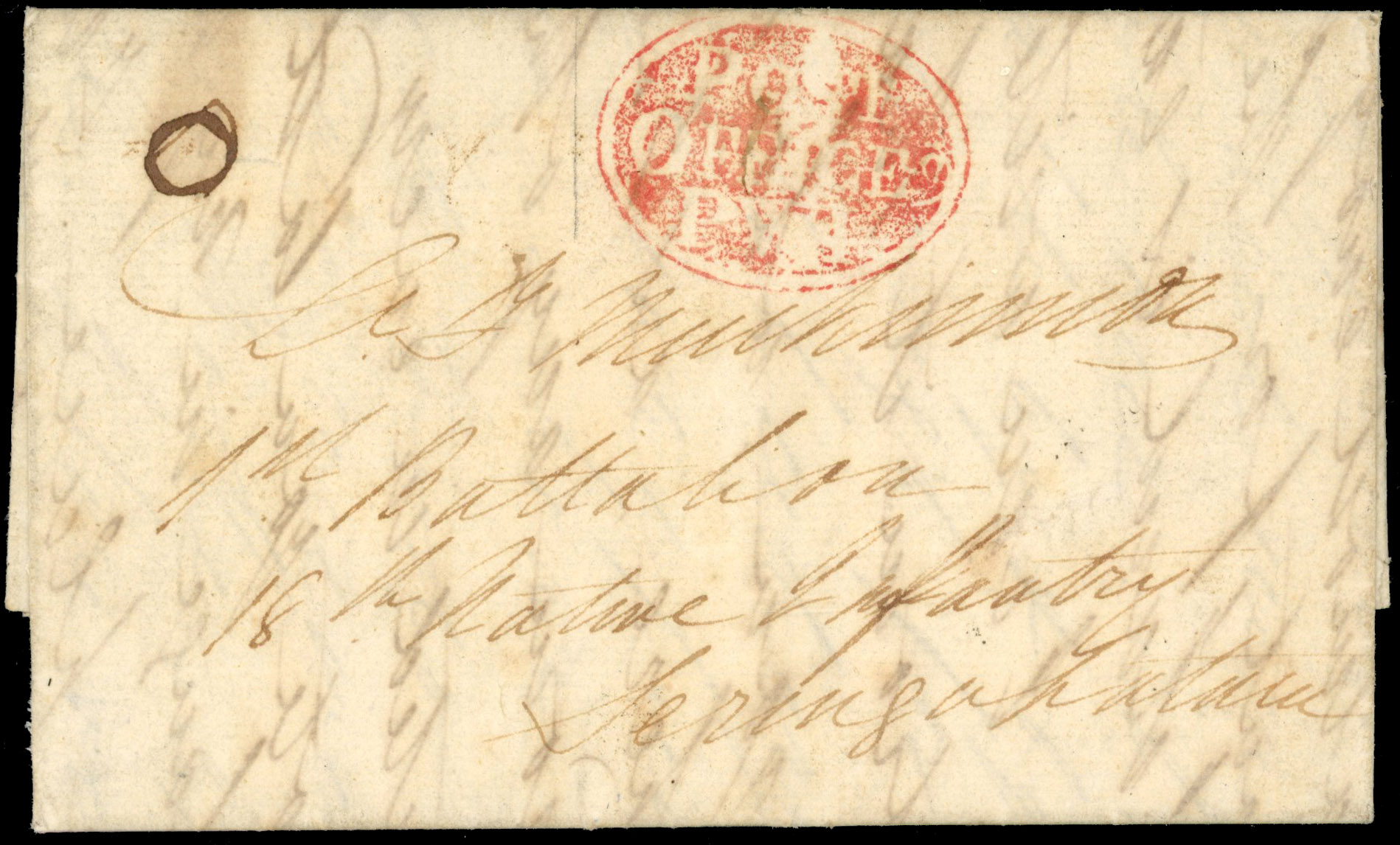 Malaya Penang 1821 red intaglio Post Office PWI handstamp entire to India