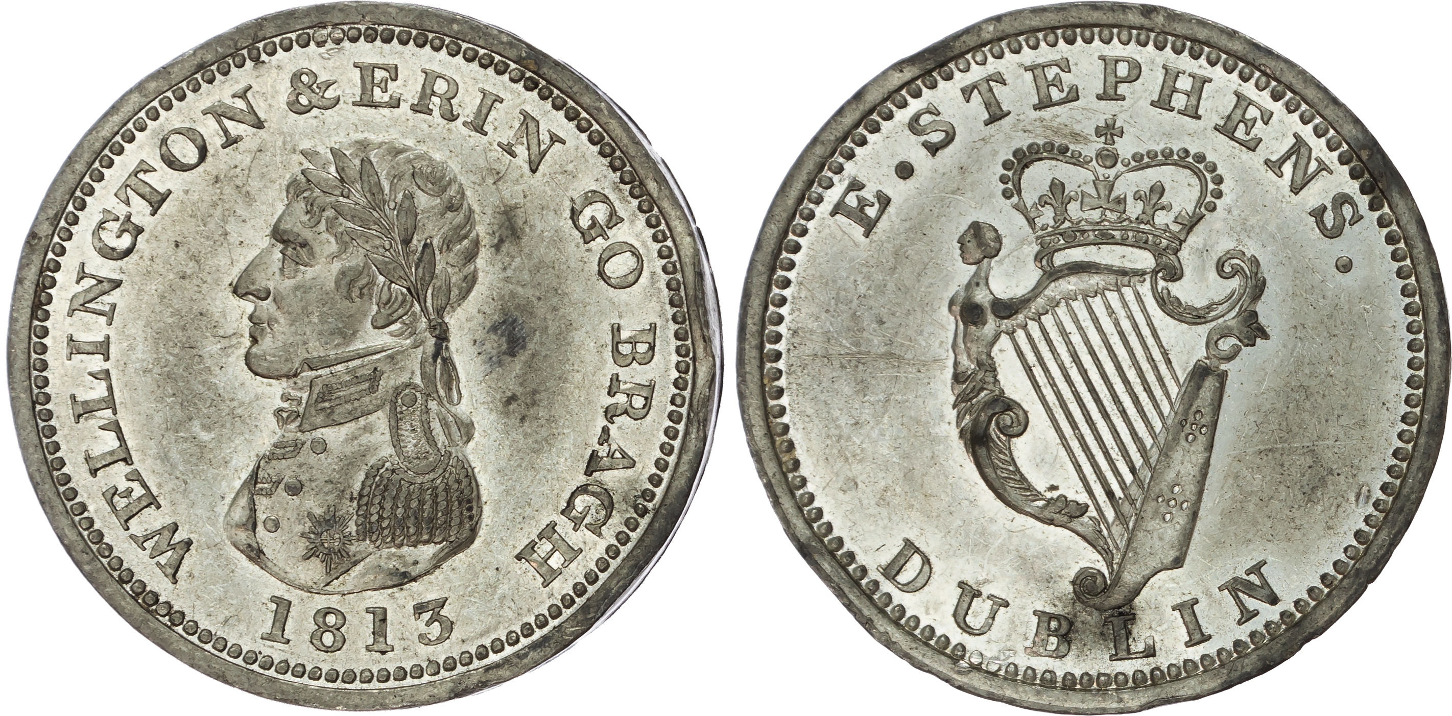 DUBLIN, Co. Dub. Edward Stevens Tin Penny 1813, Laureate and uniformed bust of Wellington left, rev. Crowned I…