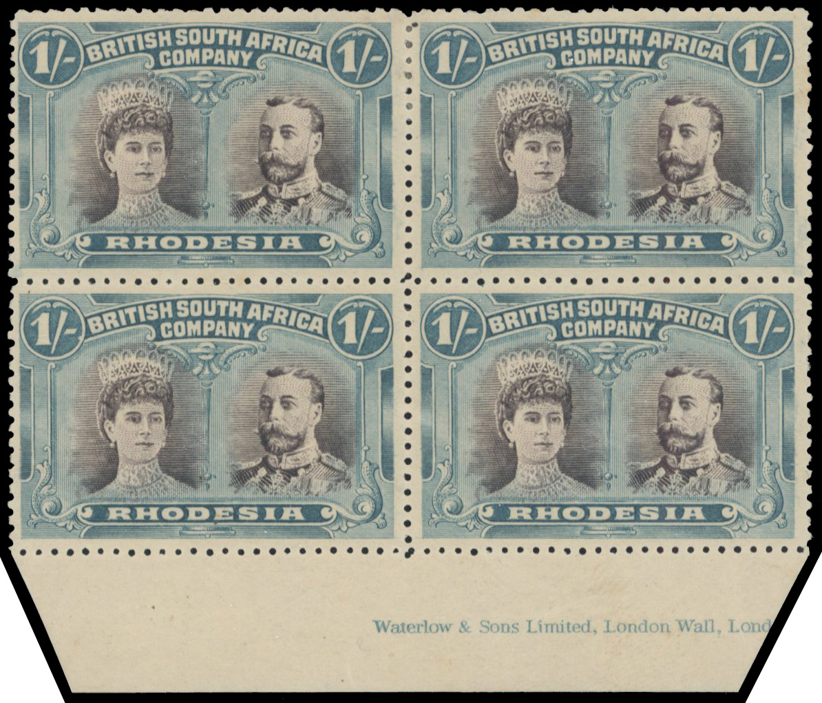 1s brownish black and turquoise-green RSC D block with part imprint, mint