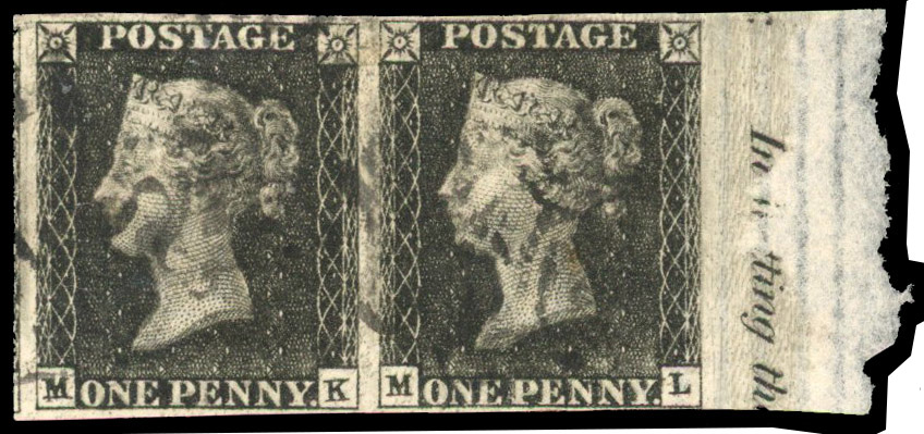 1840 1d Greyish-black Pl.6. (MK-ML) Used marginal pair