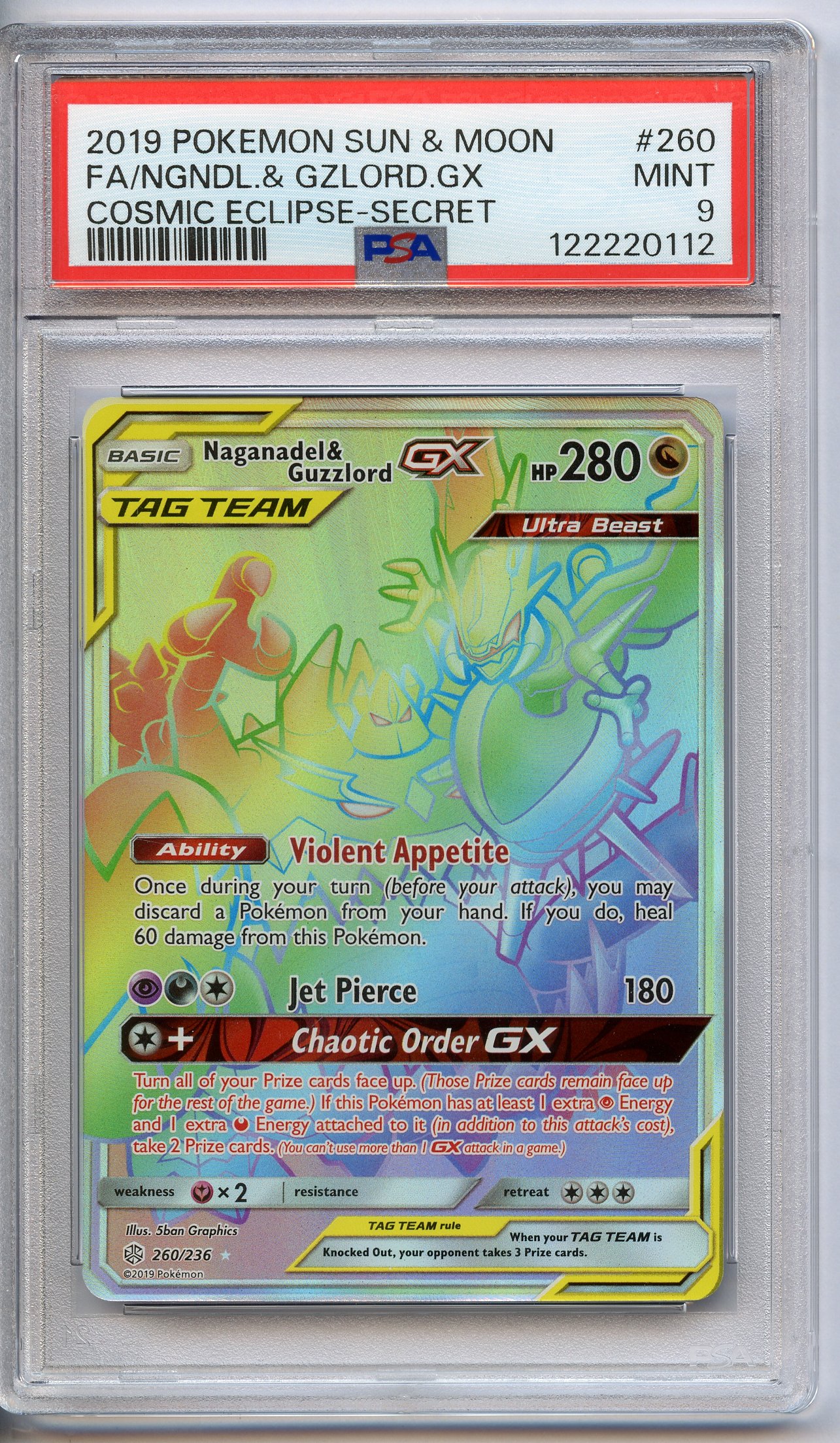 PSA 9 Naganadel & Guzzlord GX #260 Team Up - Cosmic Eclipse 2019