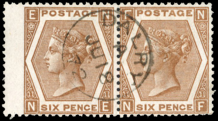 1872 6d Chestnut Pl.11. Superb used pair, “figure 11 on left damaged”