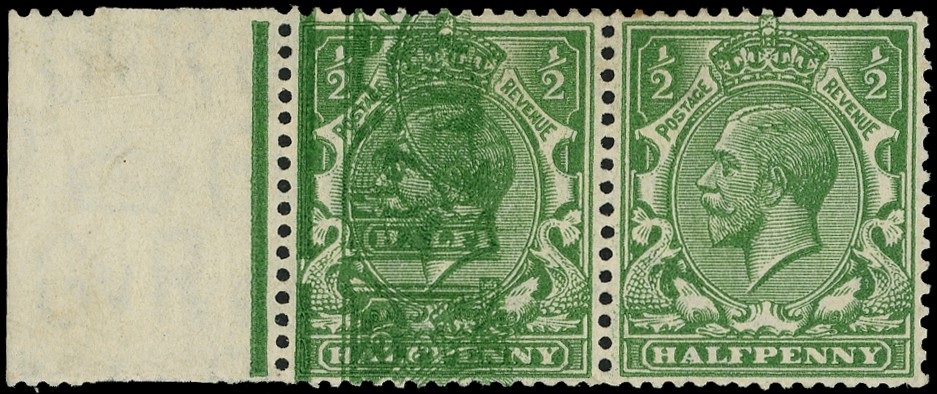 1924 ½d green. l/h marginal horizontal pair, the l/h stamp showing spectacular double print variety.