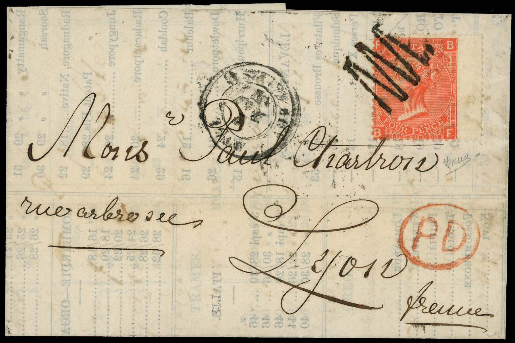 1869 Overseas Mail. Very fine prices current printed list sent from London to Lyon, France. Prepaid with a 4d deep vermi…