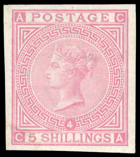 1882 5s Carmine pink Pl.4. (Wmk. large anchor, slightly blued paper). Imprimatur