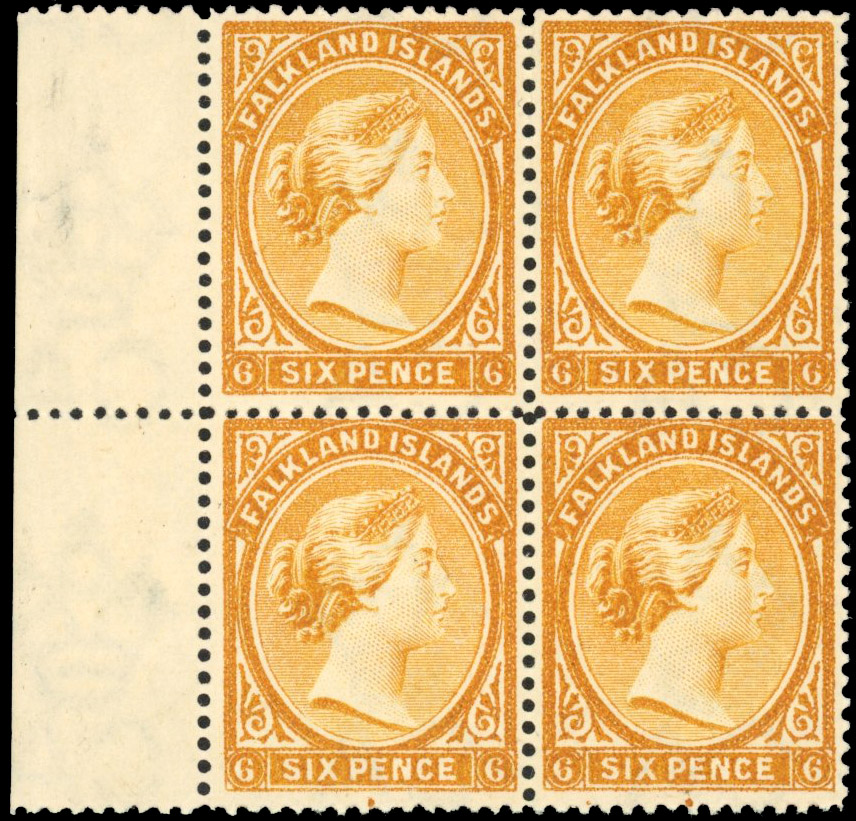 Falkland Islands SG 33x 6d orange-yellow wmk reversed block of 4 mint