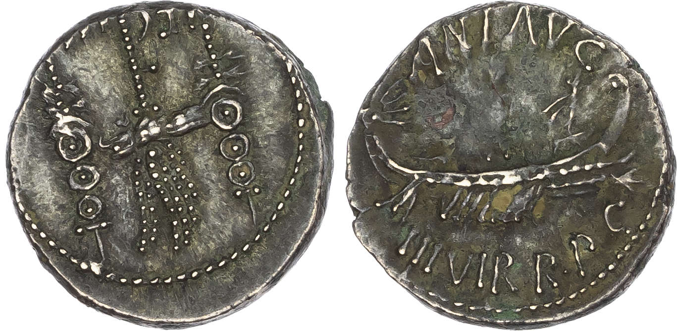 Mark Antony (32-31 BC) AR Denarius, military mint moving with Mark Antony (Patrae?), 3.97g.