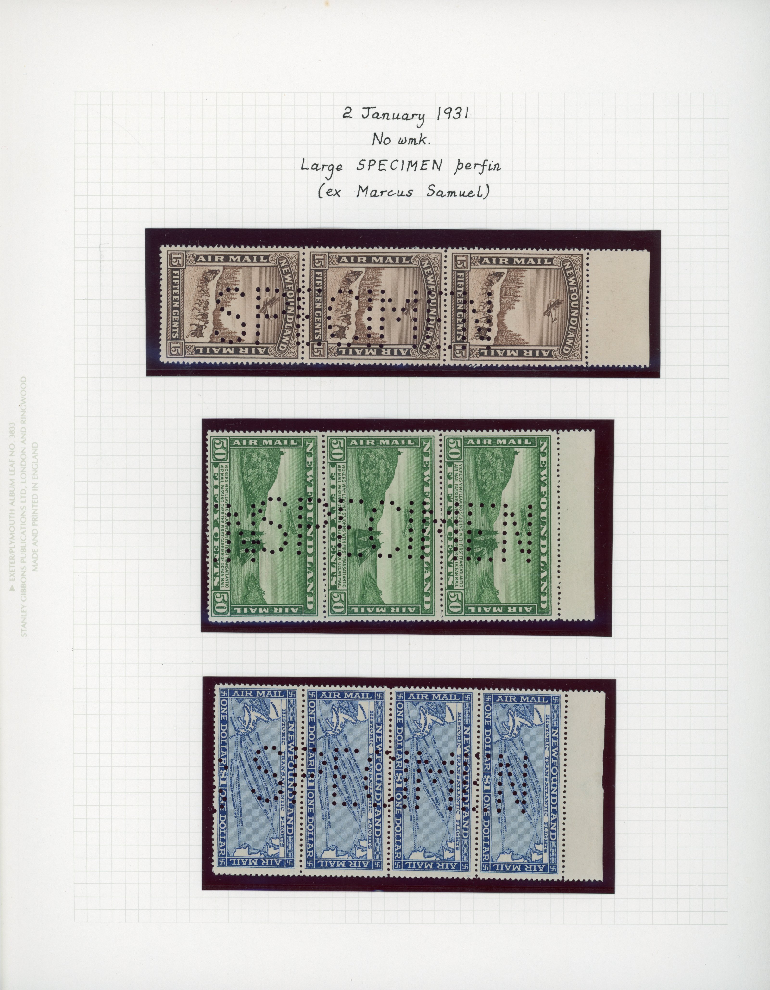 Newfoundland SG 192-194 perf 'SPECIMEN' in vertical strips of three