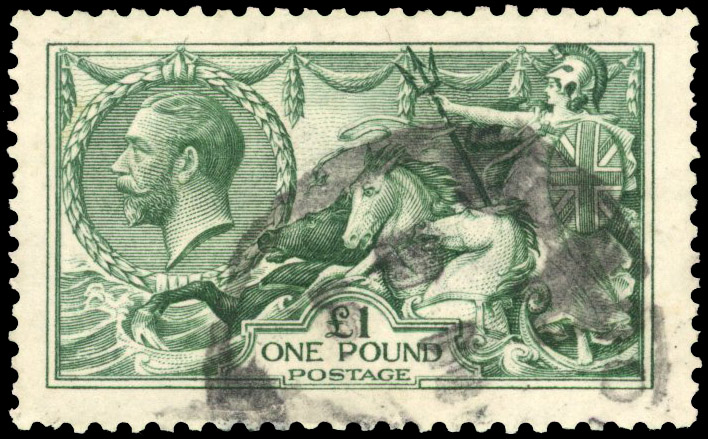 1913 £1 dull blue-green used with indistinct parcel cancel, a few shortish perfs, still a good representative example SG 404