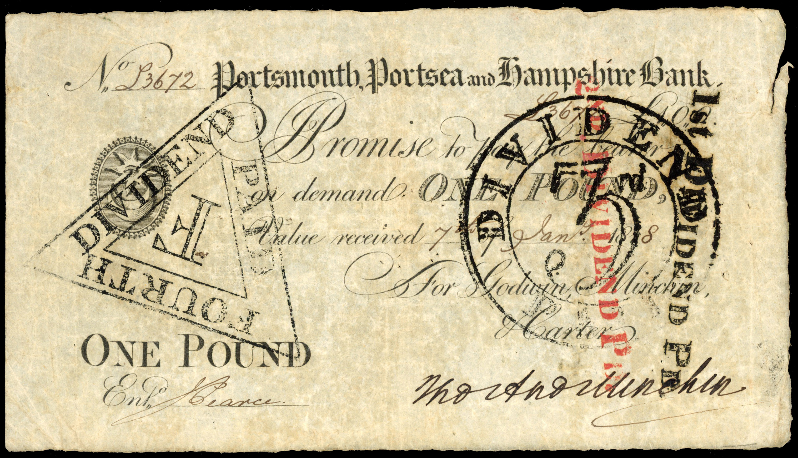 PORTSMOUTH, Portsmouth, Portsea & Hampshire Bank, for Godwin, Minchin & Carter, £1.,7 January 1818, serial num…