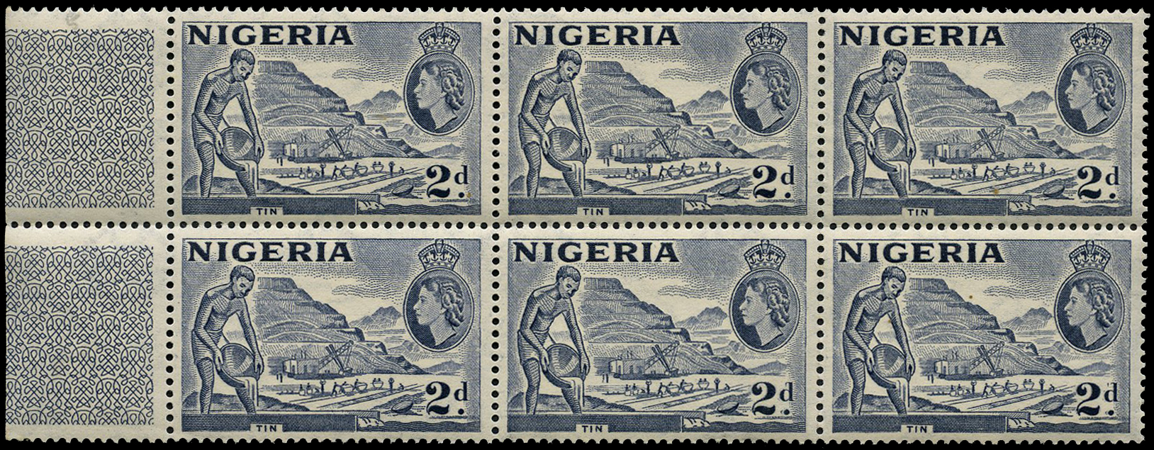 1956 2d slate-blue marginal block of six,...