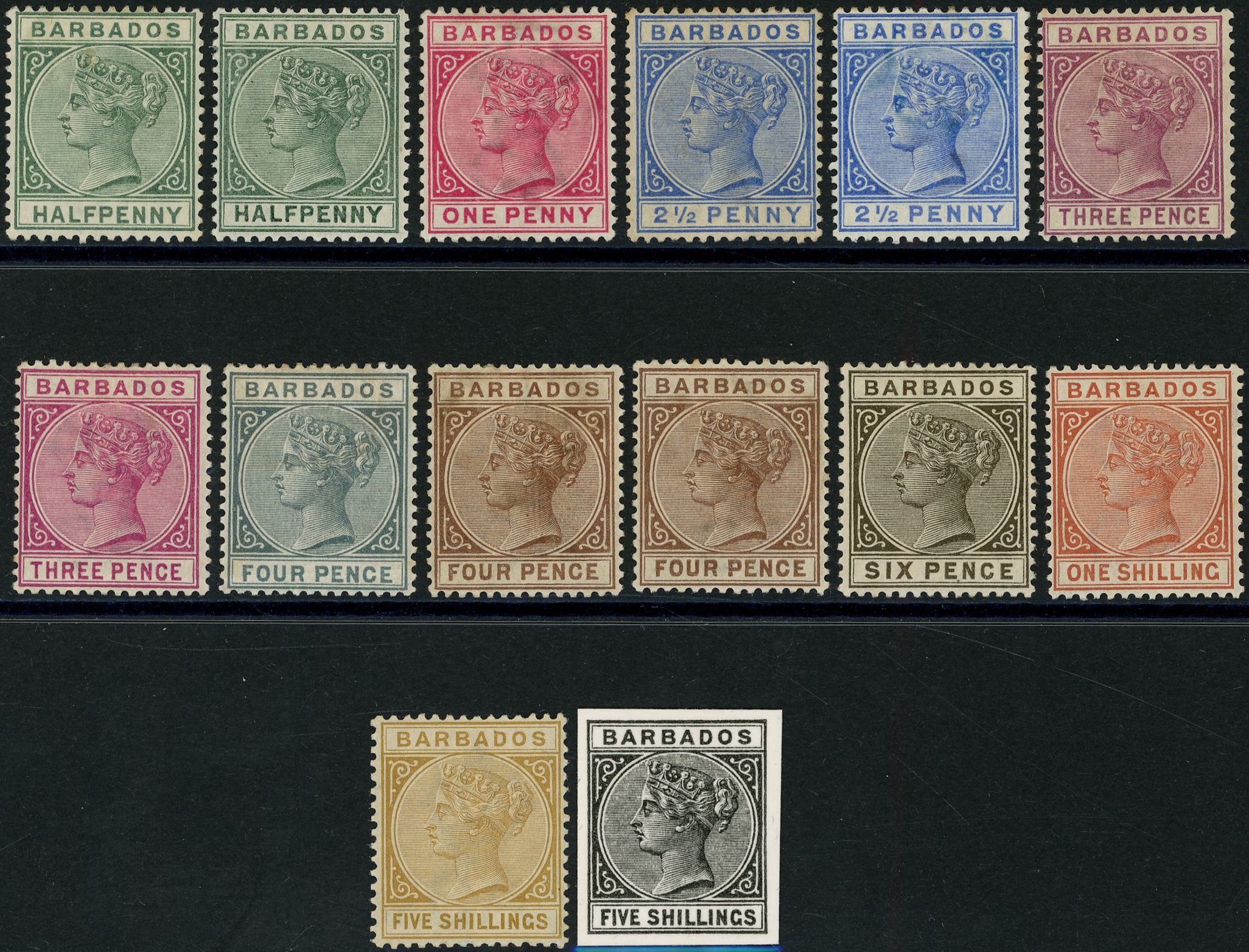 BARBADOS: 1882 set to 5s plus additional ½d, 2½d, 3d, 4d fine o.g. plus 5s ‘Sperati’ forgery photo 