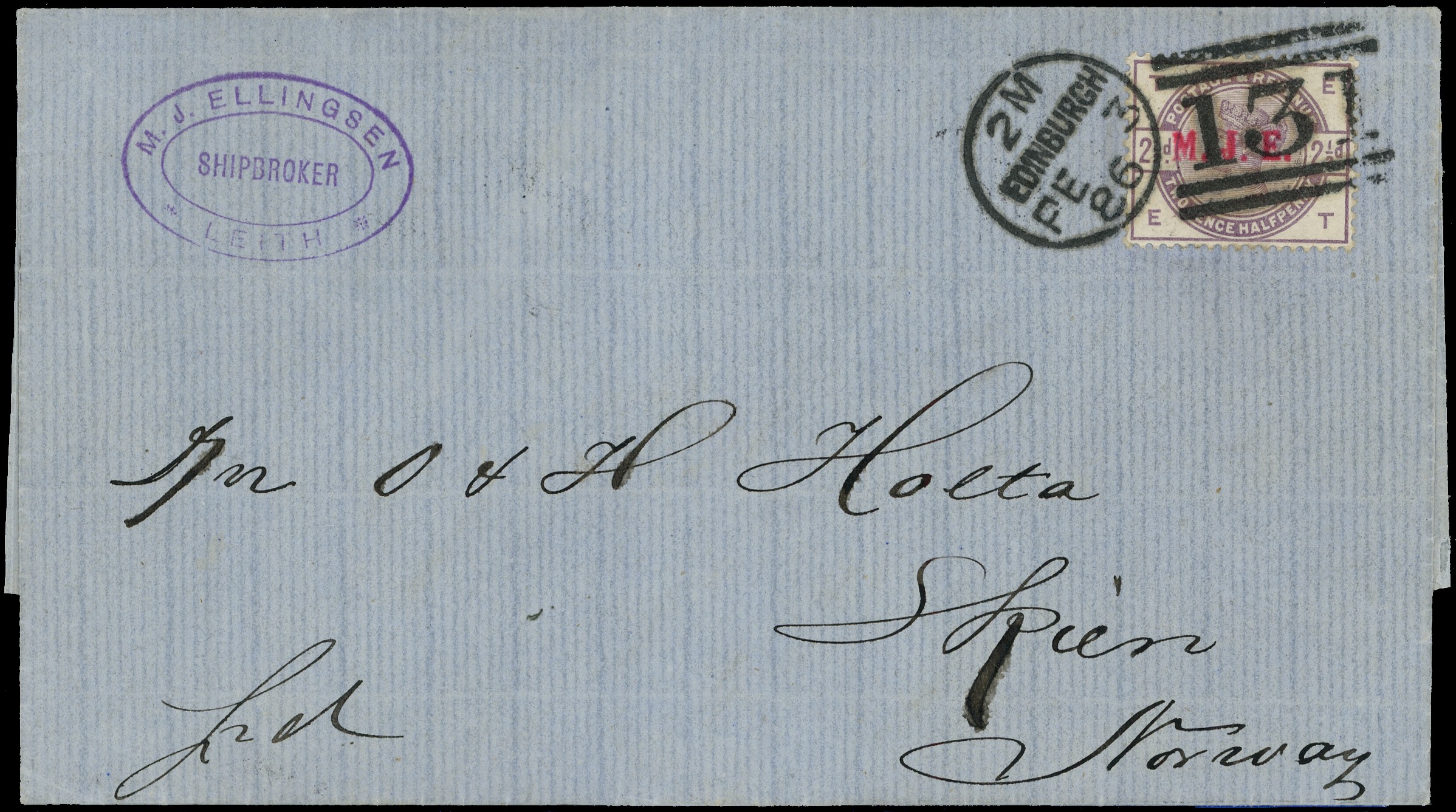 Great Britain 1882 M.J. Ellingsen (M.J.E). 2½d lilac on cover to Norway Spec.PP95