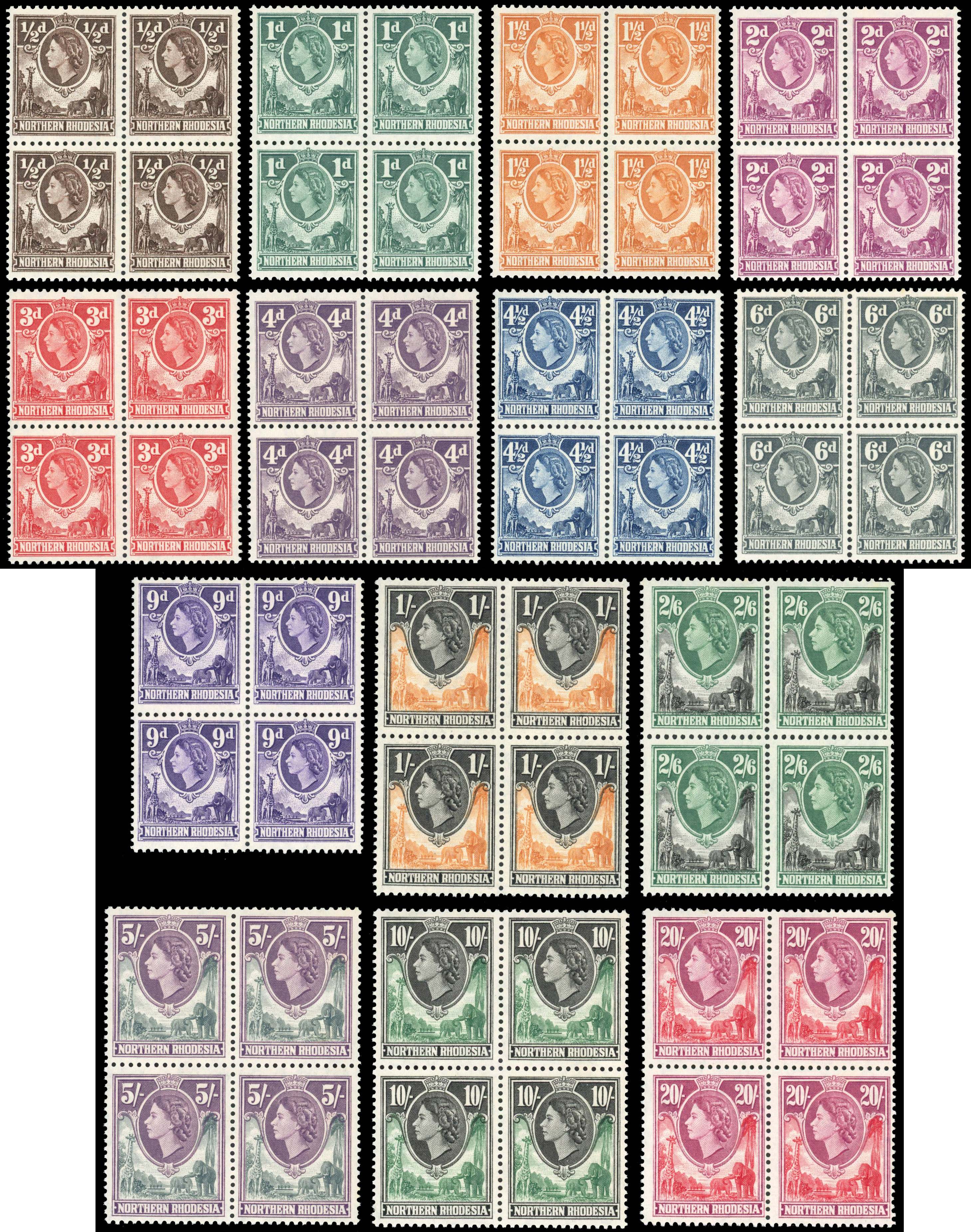 Northern Rhodesia SG 61-74 1953 set in blocks mint