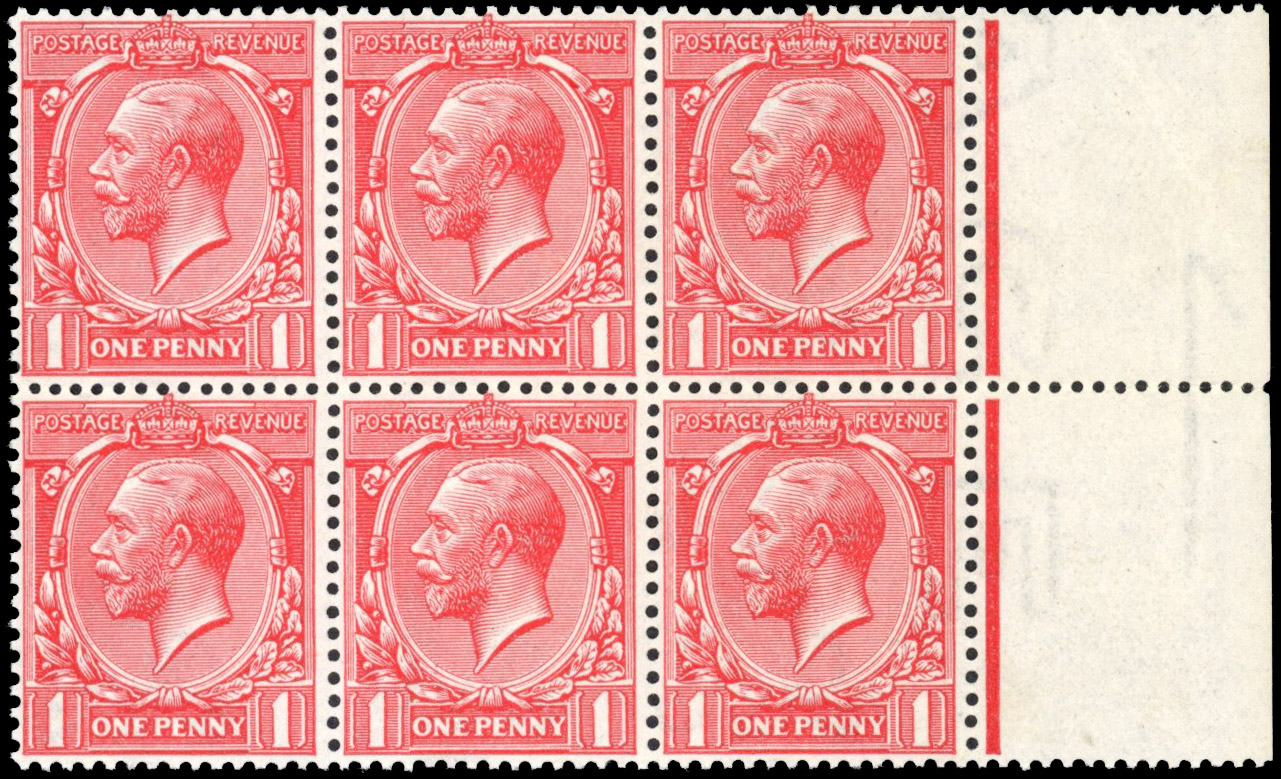 GB: 1912-24 1d carmine, mint marginal block of six