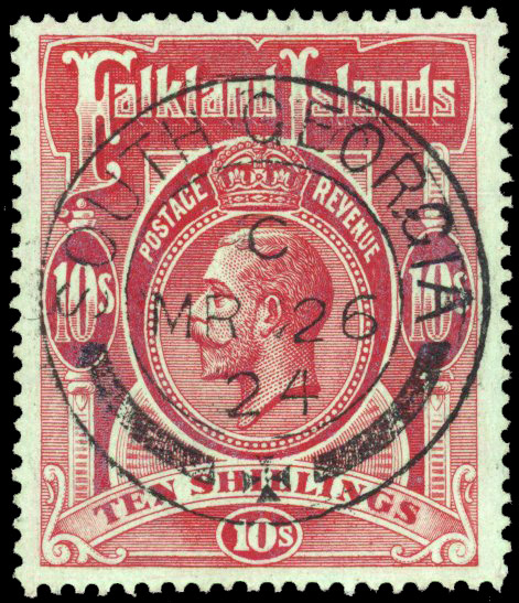 1912-23 10s red on green, neatly cancelled by ‘SOUTH GEORGIA/MR 26/24’ double-ring ds