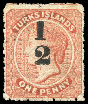 Turks Islands 1881 ½ on 1d dull red type 13 surcharge with Throat flaw