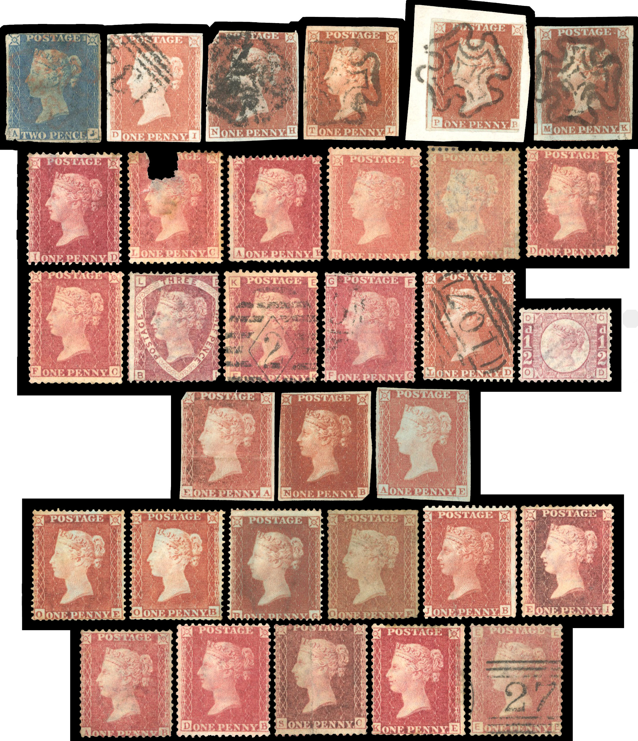 QV to KGVI mint and used selection on stock cards including 1841 1d red-brown (3), 1854 1d red-brown, 1884 £1 brown-lilac (2)