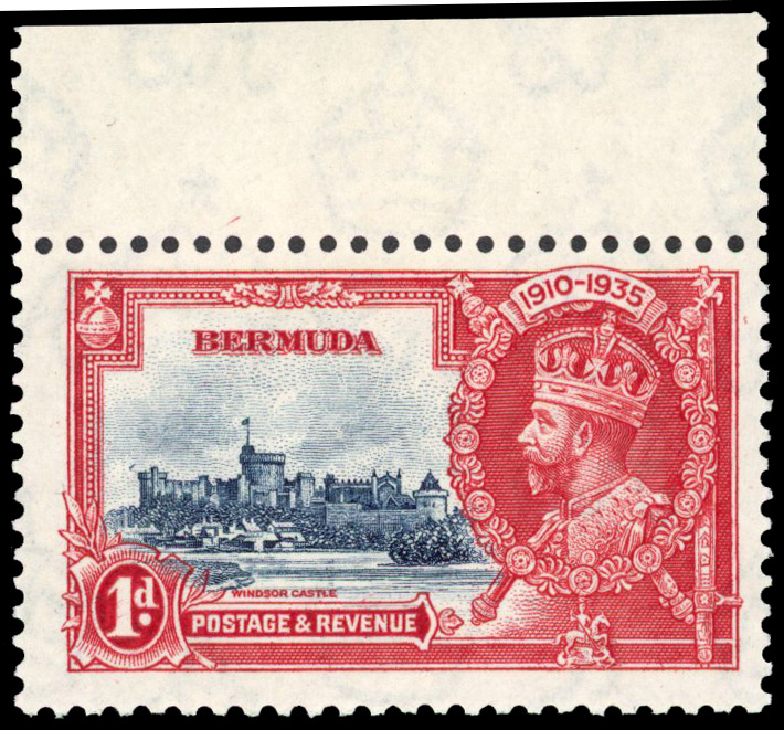 BERMUDA: 1935 1d Silver Jubilee showing R1/5 ‘bird by turret’ variety, unmounted o.g. SG 94m