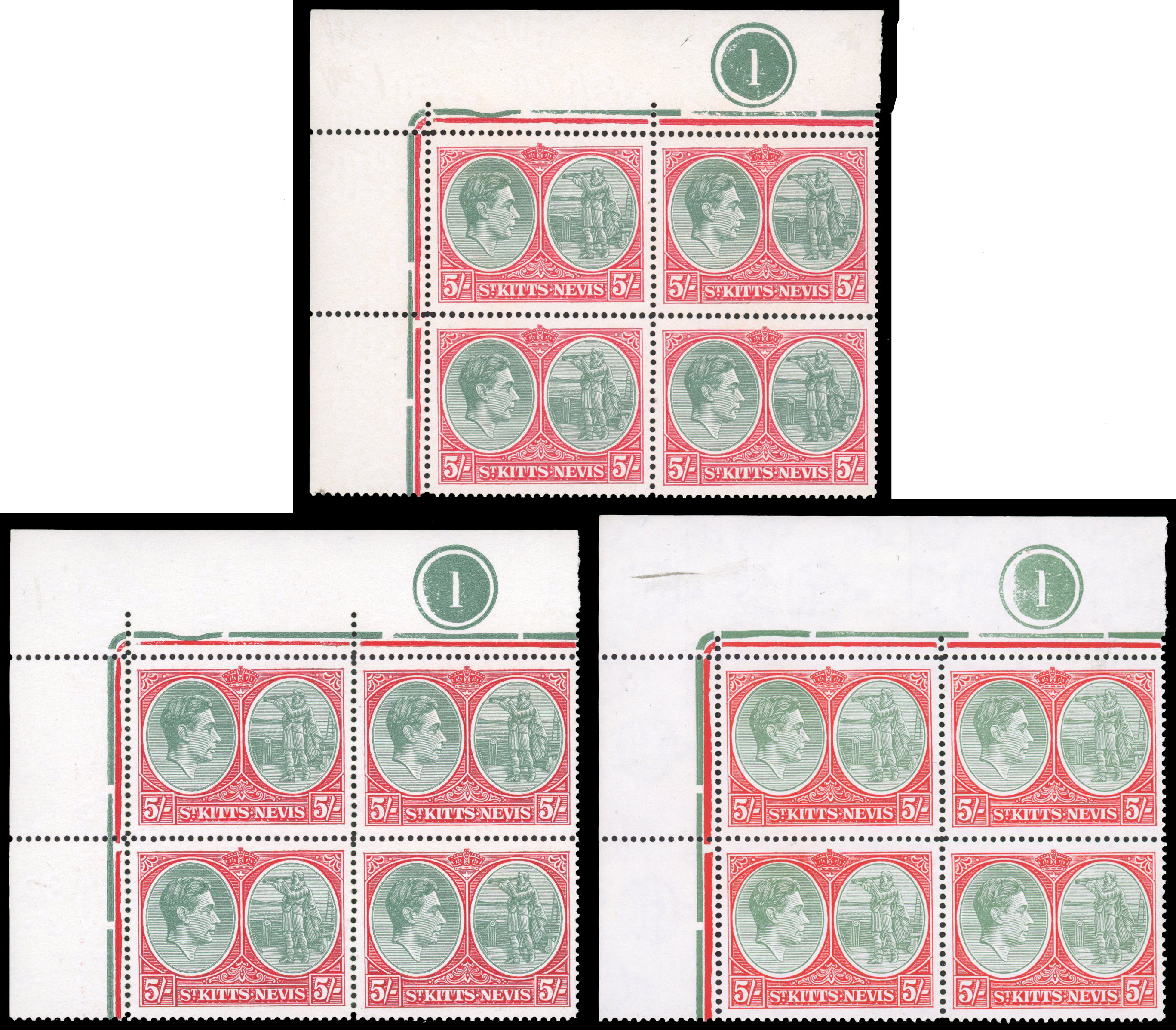 St Kitts-Nevis SG 77b, c Plate blocks mint