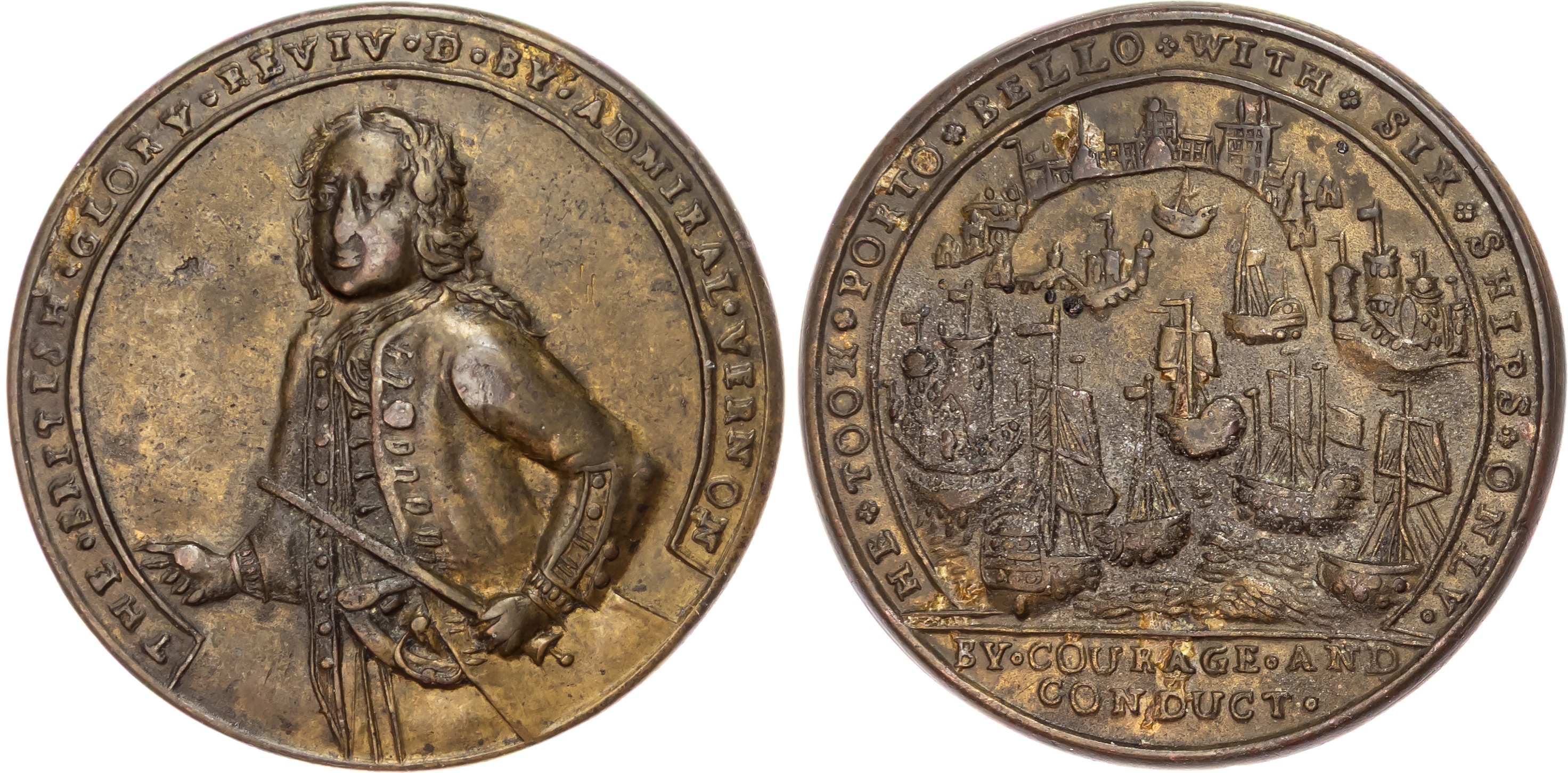 Raid on Porto Bello 1739 by Admiral Vernon, Cast brass medal (1740), unknown maker.