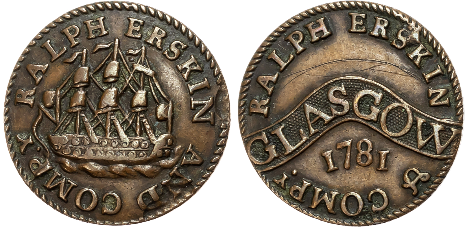 Lanarks. Glasgow, Ralph Erskin Farthing 1781, Sailing ship left, rev. GLASGOW on a ribbon, edge rounded,23mm/5.41gm. (DH …