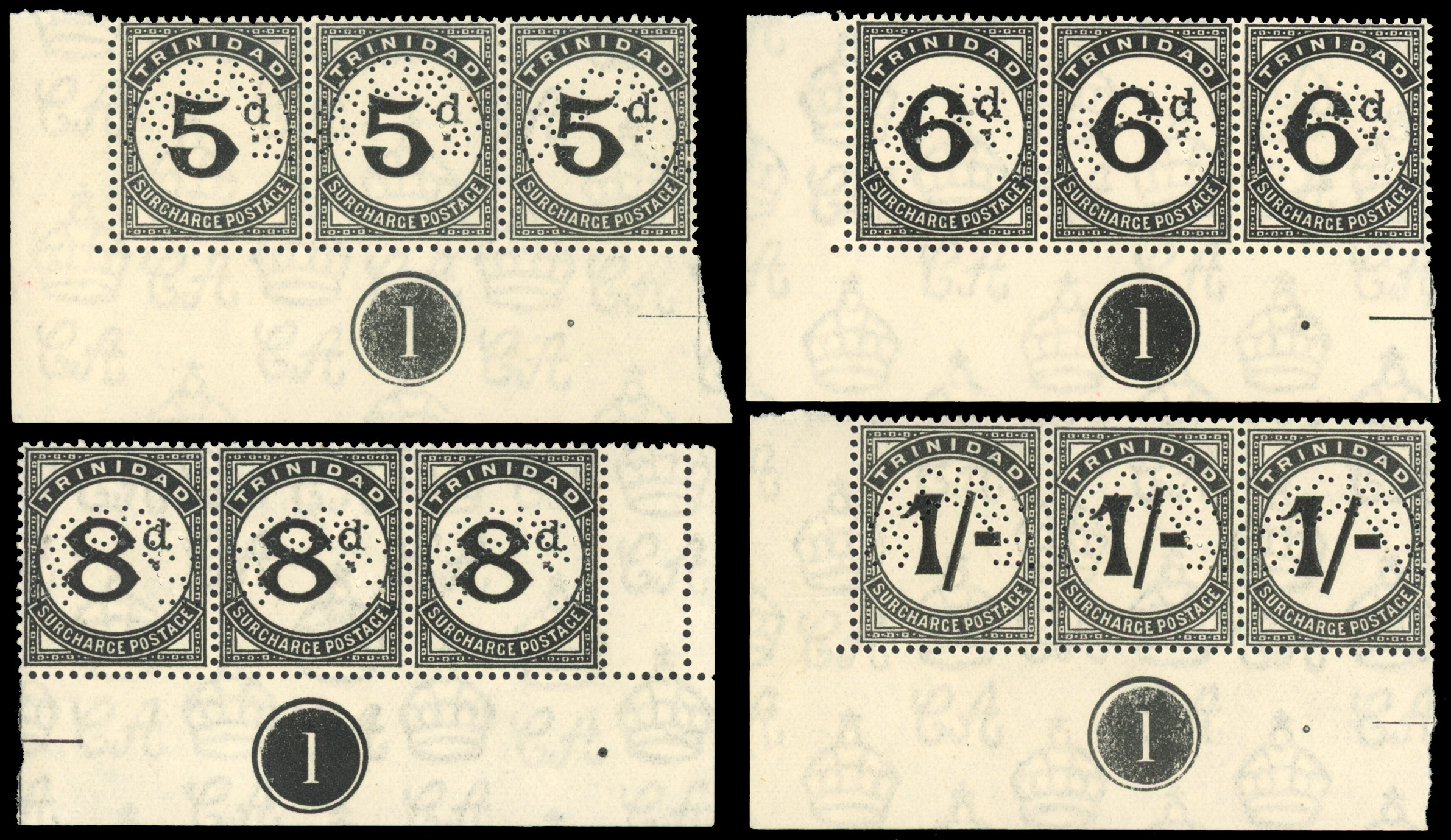 Trinidad and Tobago 1923-45 5d to 1s postage due strips perf Specimen