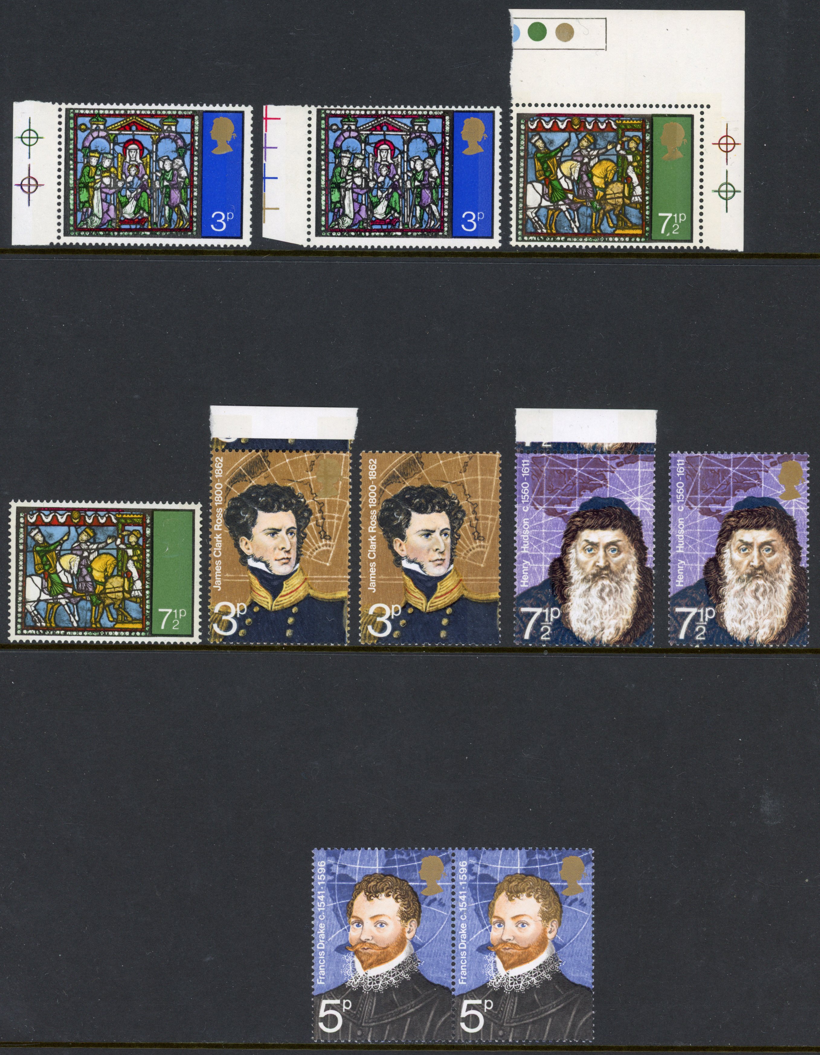 1971 3p Christmas lemon (window panels) omitted, 7½p gold (Queen's head) omitted, 1972 British Polar