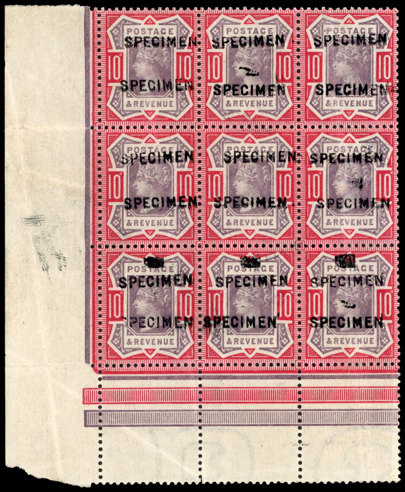 GB 1887-92 10d dull purple and carmine, block of nine, optd ‘SPECIMEN’ Type 15 twice