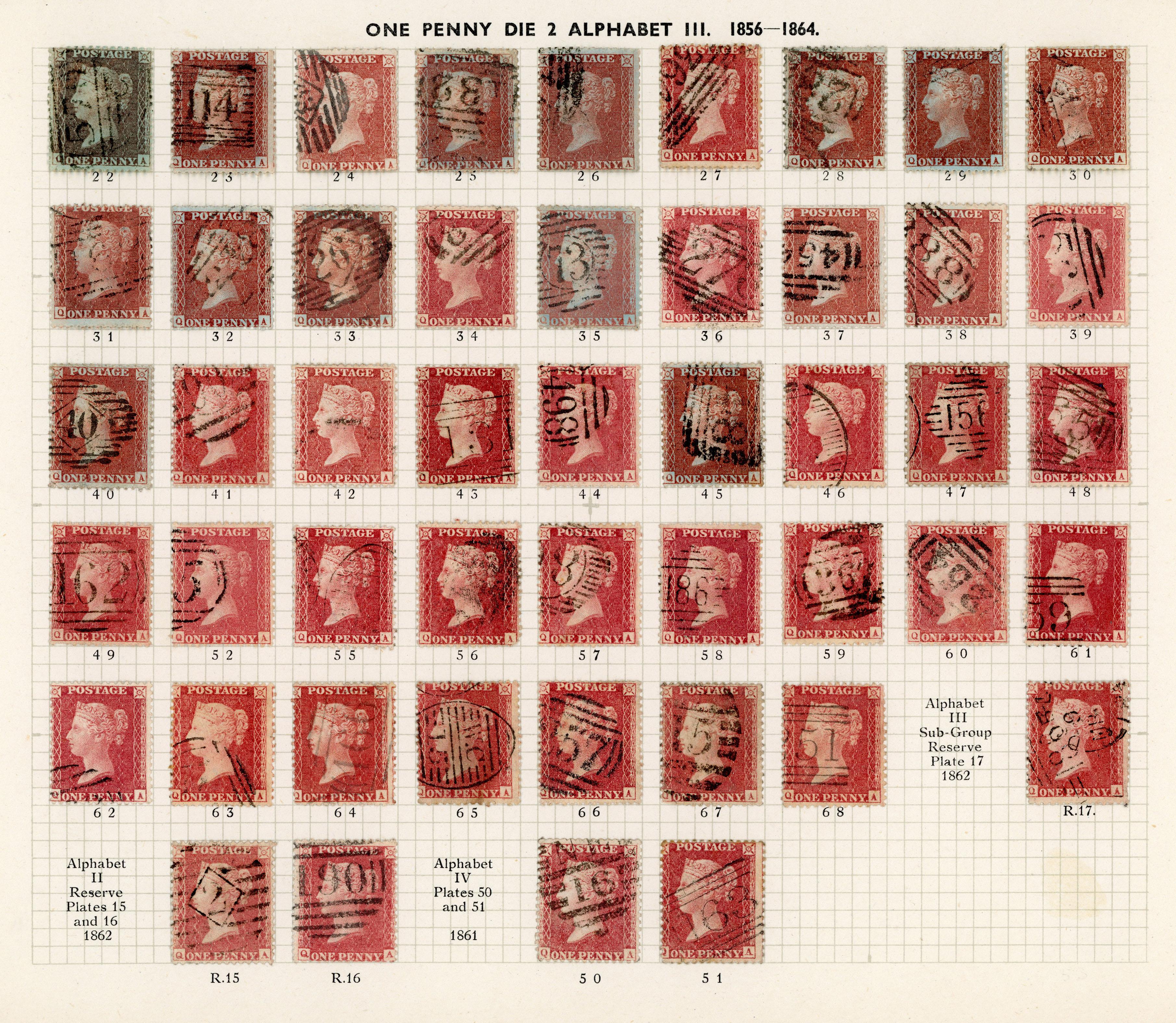 GB 1856-64 1d reds from Plates 22 - R17, the Q Row