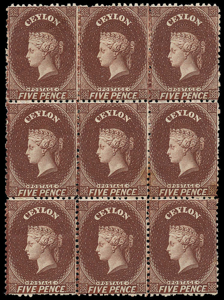 Ceylon 1863 5d red-brown SG 53 Mint block of 9
