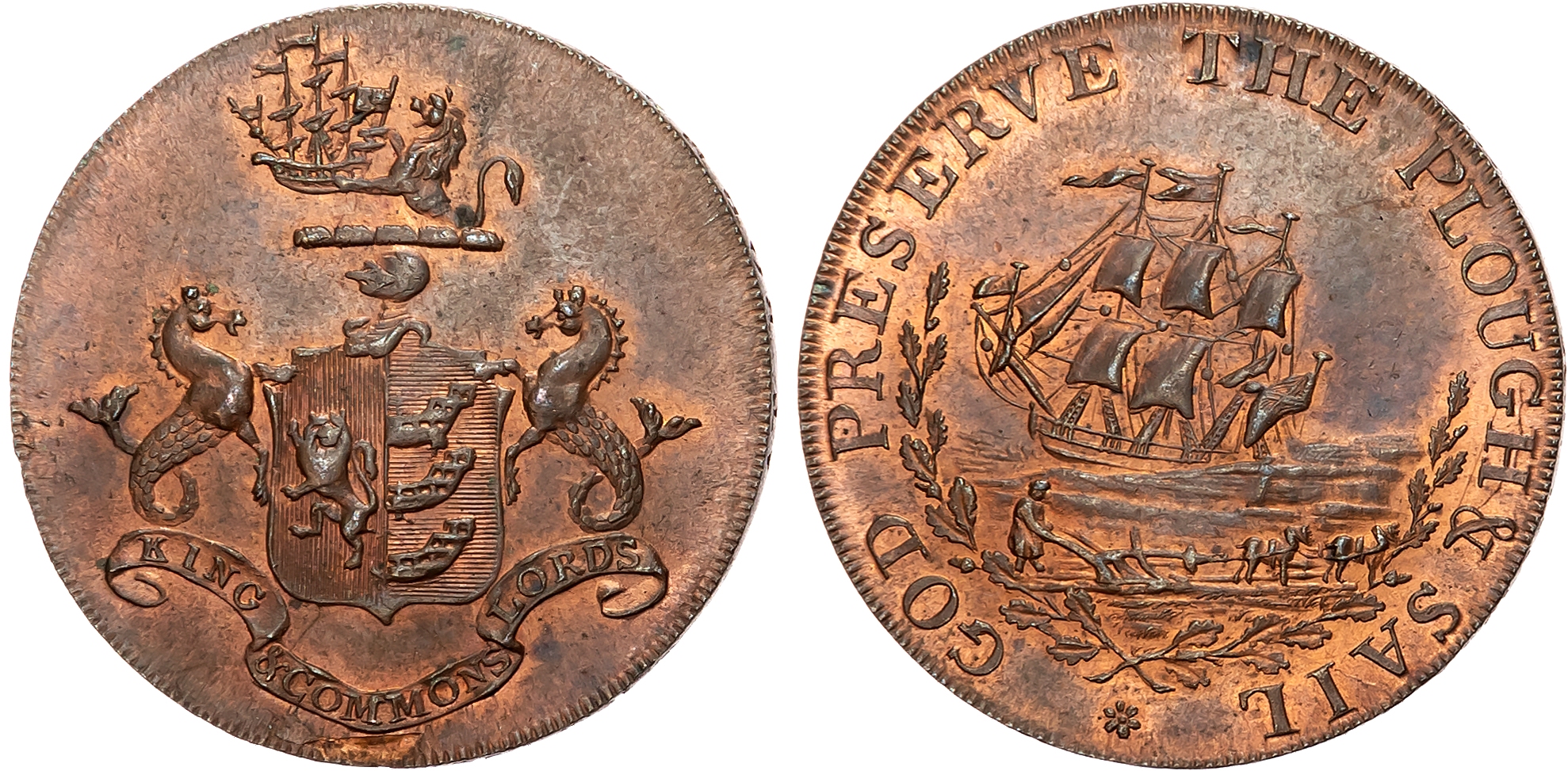 Suff. Ipswich , Robert Mannings (chandler and spirits dealer) Halfpenny undated, Arms of the city, rev. sailing ship and …