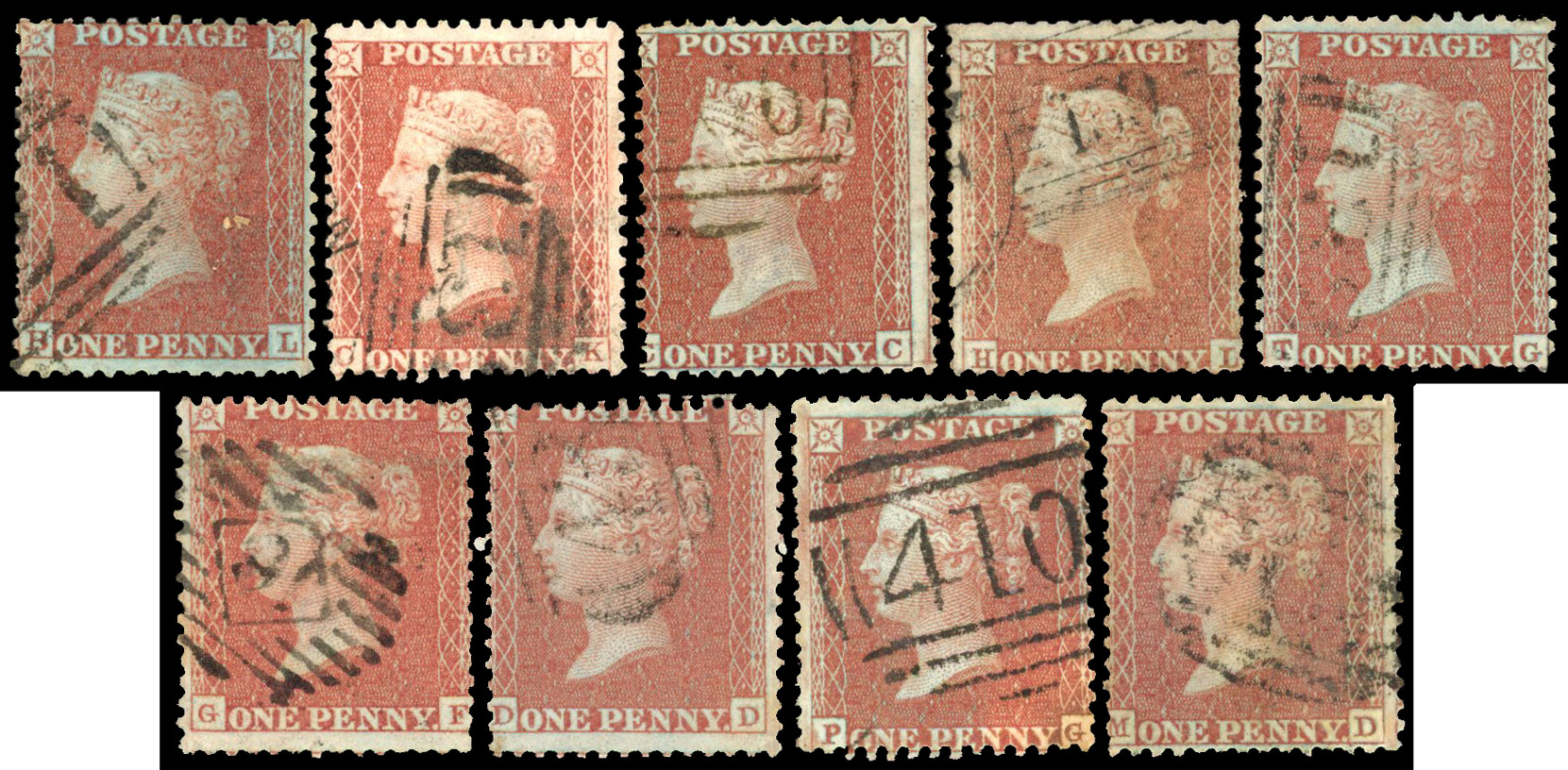 1855 1d Red-brown Pl.1-21 (SG29var) Used group of nine watermark inverted