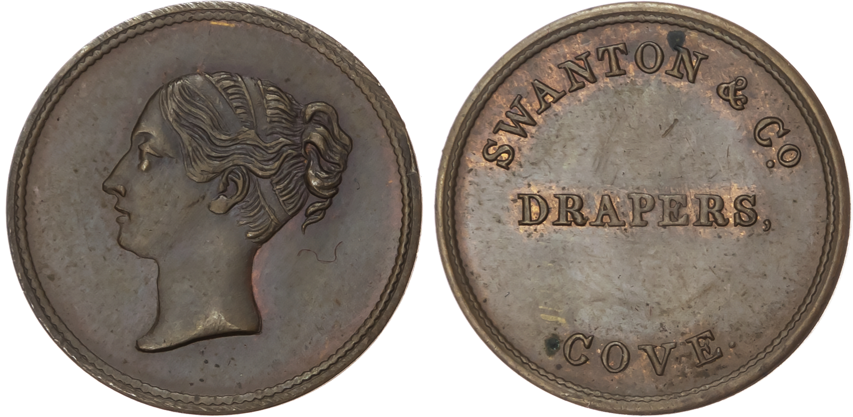 Cove, Richard? Swanton & Co . (drapers) farthing (pre-1850) one-line legend/ head of Victoria l. 212mm. (W 581…