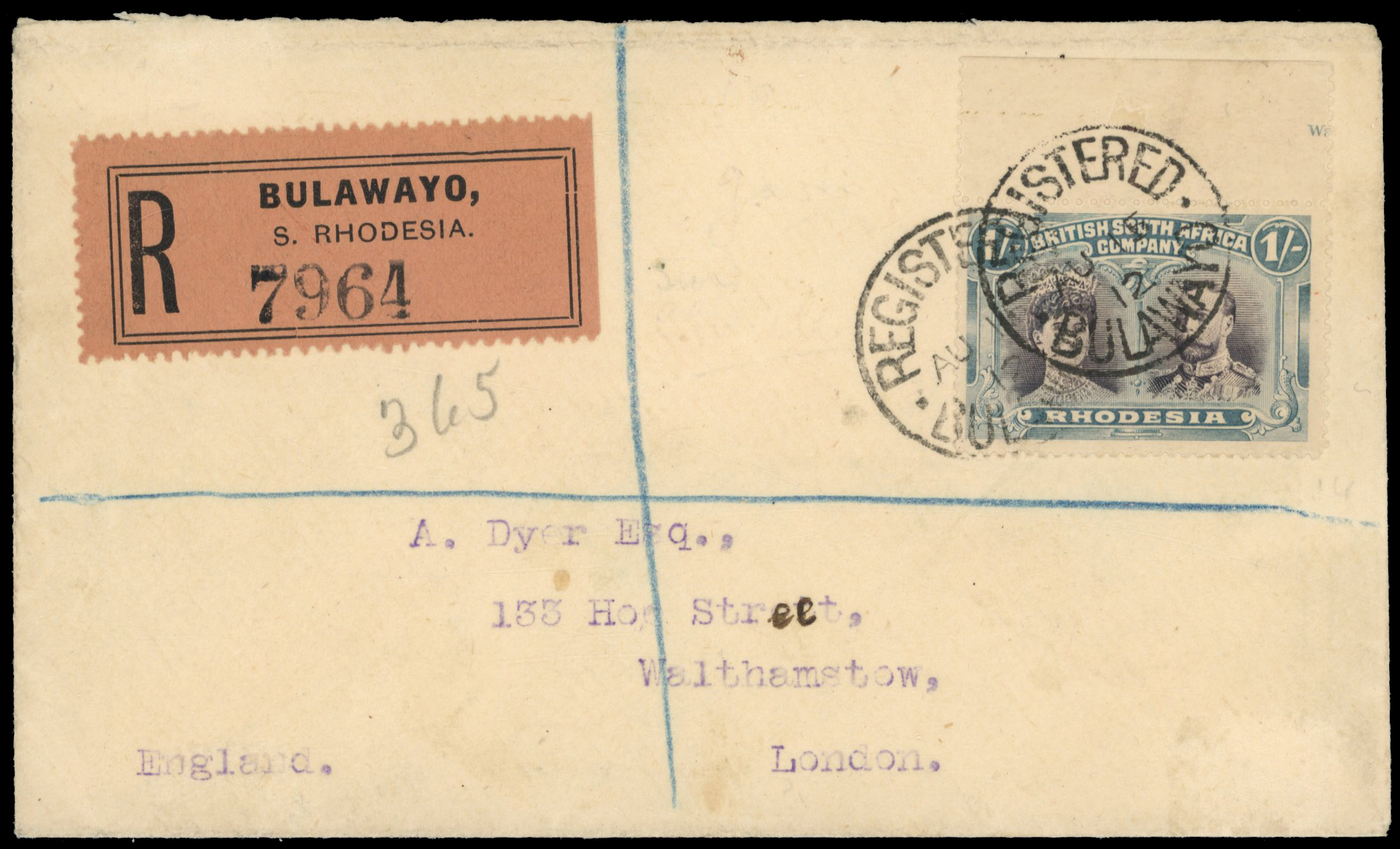 1/- grey-black and deep blue-green SG 151, position 2 with Gash in Ear on envelope to London