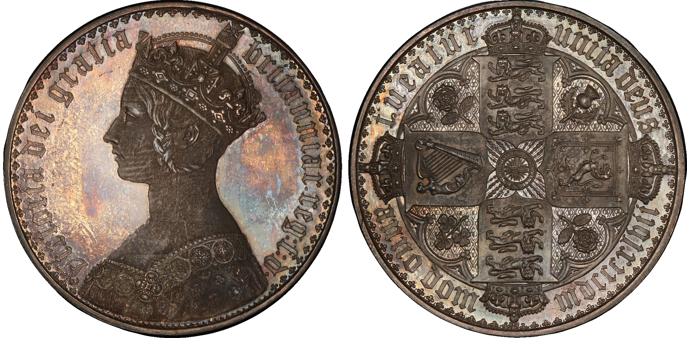 Victoria (1837‐1901), AR Proof ‘Gothic’ Crown, 1847 mdcccxlvii, plain edge, N over inverted N in UNITA. PCGS PR64 