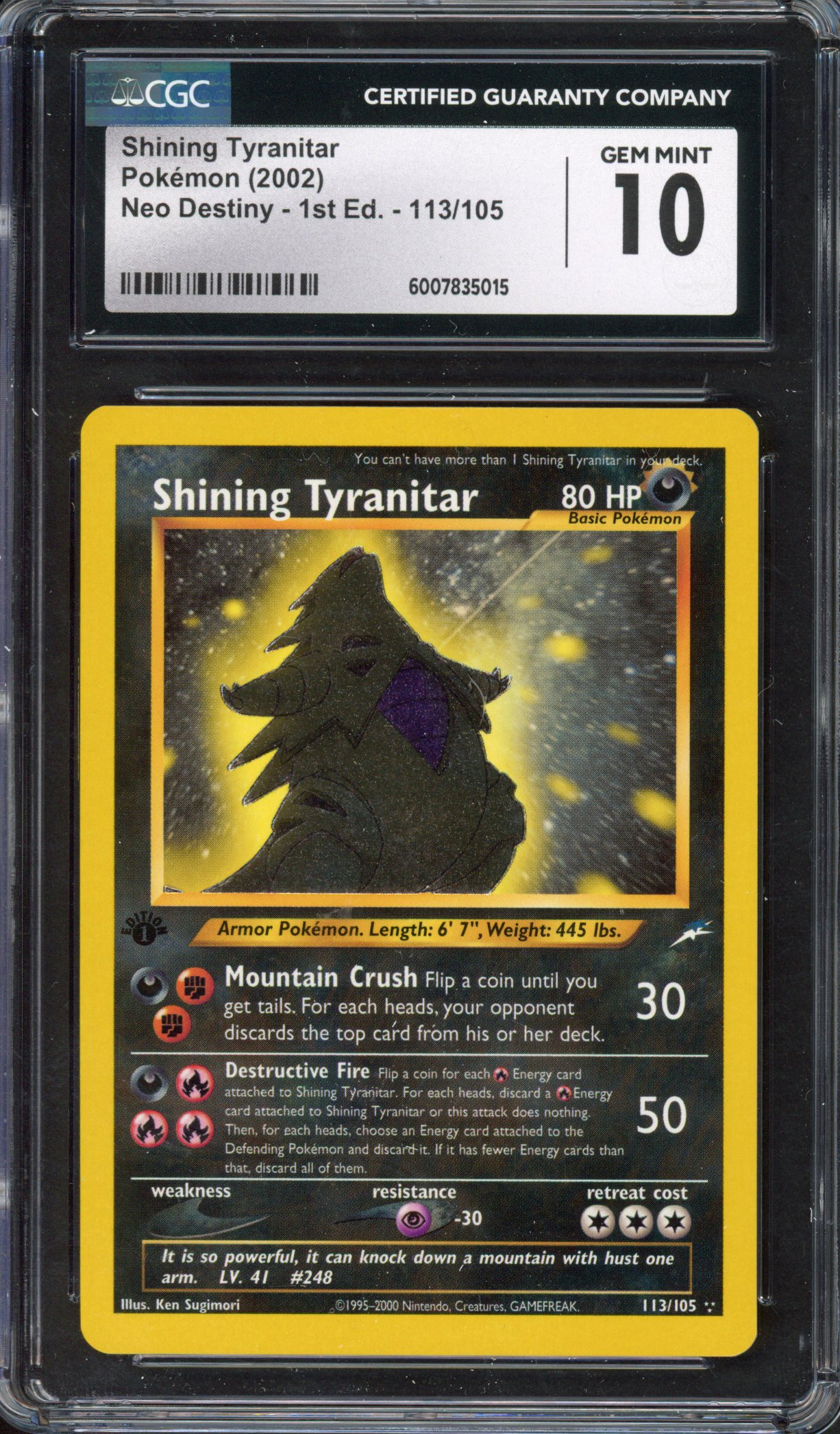 CGC 10 Shining Tyranitar 1st Edition - 113/105 - Neo Destiny