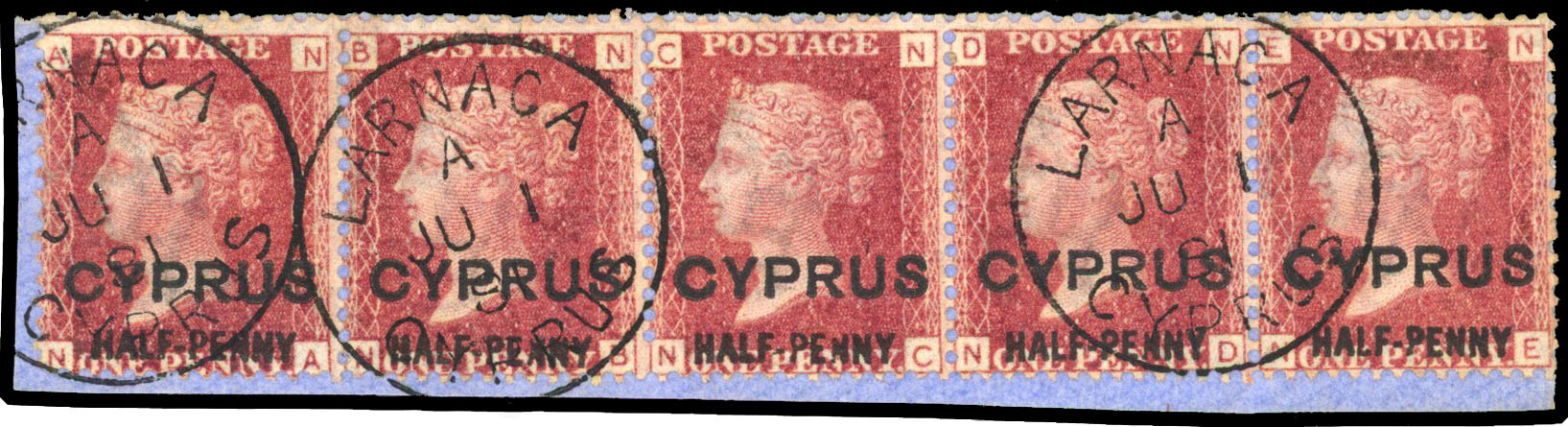 1881 ½d on 1d red, plate 215, horizontal strip of 5 (NA-NE) tied to blue paper piece by neat Larnaca cds's. SG 9