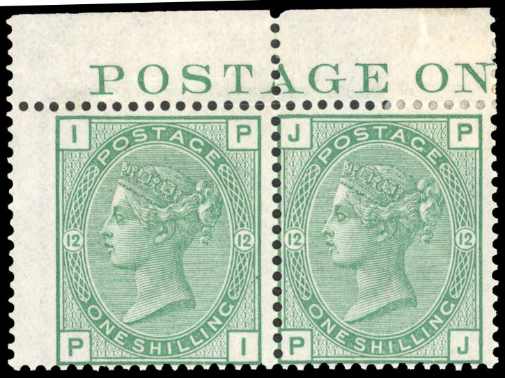  1873-80 1s green, Plate 12, top left horizontal marginal pair (PI-PJ),  1883 2s6d with “POSTAGE ON” in top margin, slightly