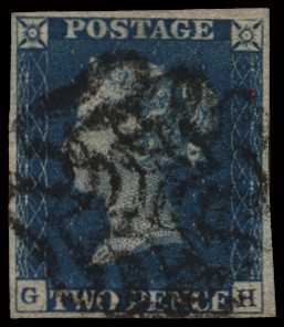 1840 2d blue plate 1: GH good to large margins, used with virtually complete strike of the MC in black, small thin at foot...