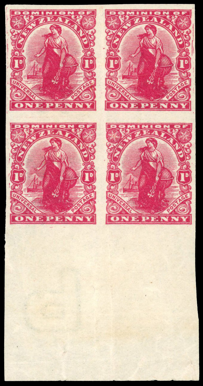 New Zealand 1909-27 1d Dominion imperf block of 4