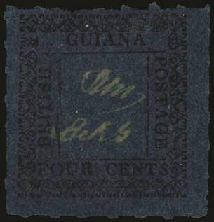 BRITISH GUIANA SG 122c 1862 (Sept) Typeset 4c black/blue, type 13, R2/2 with variety "Italic S in CENTS"