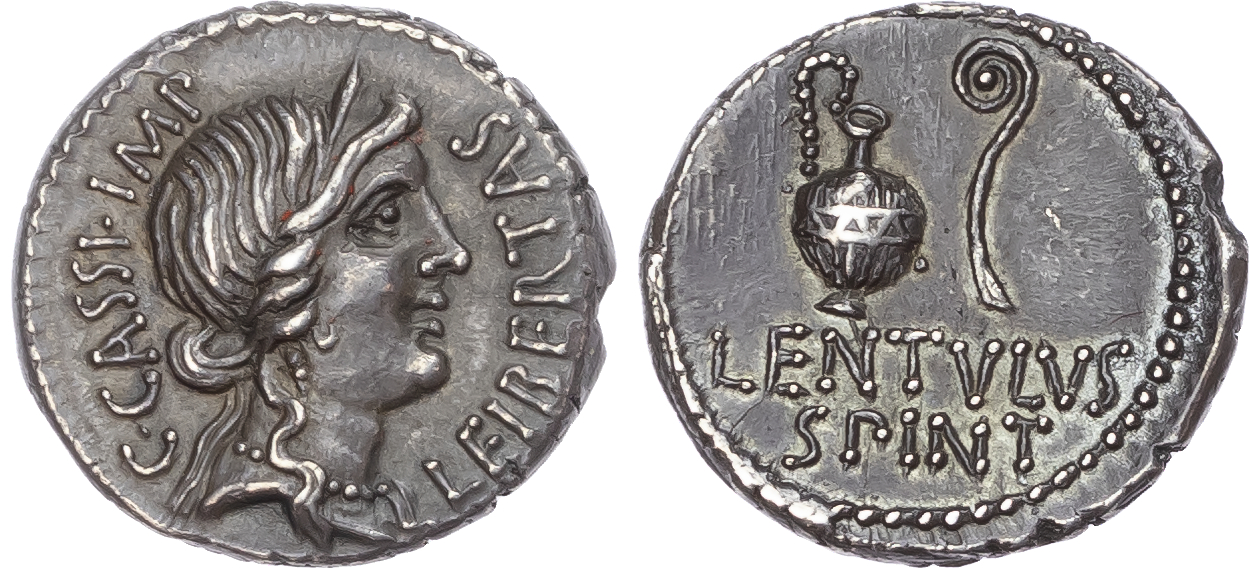 C. Cassius Longinus (42 BC), AR Denarius, moving mint, Lentulus Spinther, propraetor, 4.19g.