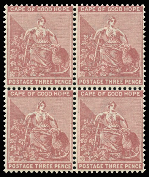 1882-83 3d pale claret, wmk CA, block of...